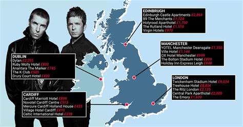 Map shows where hotels are most expensive for Oasis gigs.